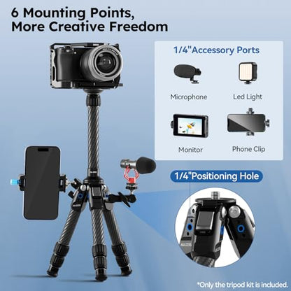 SIRUI Mini Carbon Fiber Tripod with Extendable Center Column, Max Height 26", Supports 33lbs - Ultra-Light 1.7lbs for Desk & Travel, New Anti-Corrosion Carbon Fiber(AM-223S+SL-100S) - style: Center Column Tripod