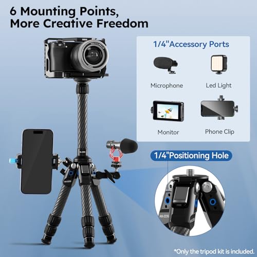 SIRUI Mini Carbon Fiber Tripod with Extendable Center Column, Max Height 26", Supports 33lbs - Ultra-Light 1.7lbs for Desk & Travel, New Anti-Corrosion Carbon Fiber(AM-223S+SL-100S) - style: Center Column Tripod