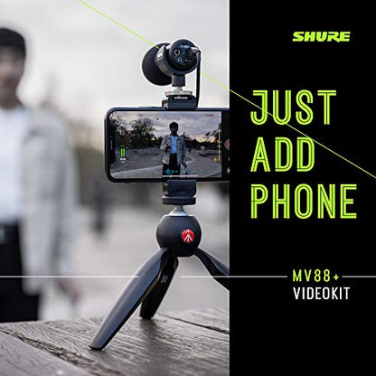 Shure MV88+ Video Kit Digital Stereo Condenser Microphone for iPhone, Android, Mac & PC - Portable Recording Mic with DSP Controls, Headphone Monitoring & Tripod, Black - style: MV88+ Wired KIT