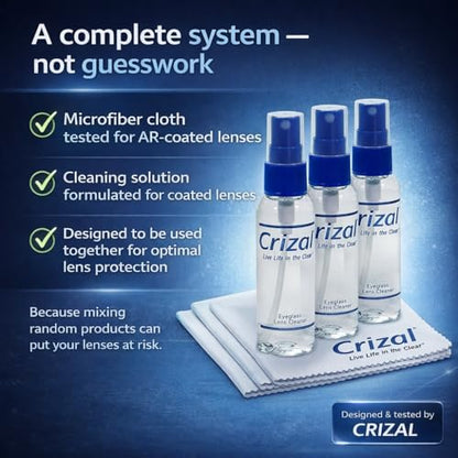 Crizal Lens Cleaning Kit – 3 Cloths +3 Solutions – Designed & Tested for AR-Coated Lenses – Complete AR Lens Care System - color: 2oz Spray W/Cloth, 3 Pack