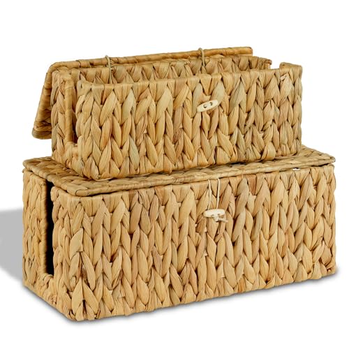 efluky 2 Pack Water Hyacinth Floor Cord Covers with Lid, Hand-Woven Cable Management Box, 2 Open Slots Cord Box to to Hide USB Wire, Power Strip & Charger for Home & Office and Dorm, Natural - color: Natural