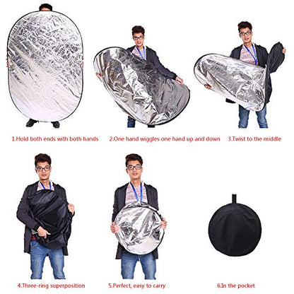 40"x60"/100x150cm Photo Video Studio Multi Collapsible Disc Lighting Reflector 5 Colors in 1 Set Translucent, Silver, Gold, White, and Black for Studio or Any Photography Situation