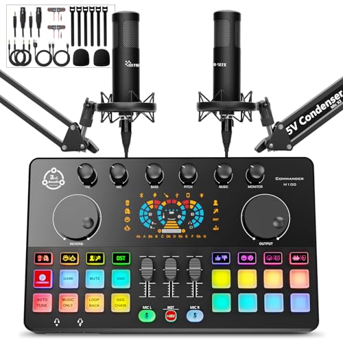 Podcast Equipment Bundle for 2, Audio Interface with Condenser Microphone, Voice Change, DJ Mixer for Streaming, Podcast Recording COMMANDER M100 3rd - color: HS-M100-2