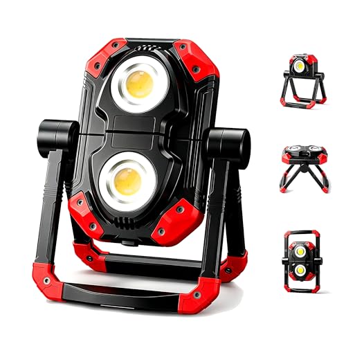 YZONI W6 LED Work Light Rechargeable, 2 COB 2500LM Folding Portable Flood Light with Magnetic Base and 360° Rotation Stand, Spotlights for Camping, Car Repairing, Emergency and Job Site Lighting - color: Dark Red