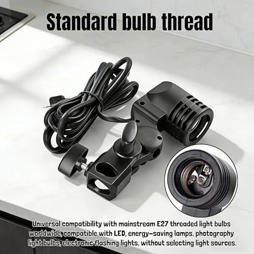 E27 Lamp Holder with Umbrella Bracket, 360° Adjustable Photography Light Stand Mount with 1.8M Cable & Switch, Nylon E27 Socket for Studio Video Recording, Live Streaming, and Continuous Lighting