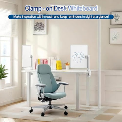 Double-Sided Desk Whiteboard with Dual 360 Swivel - 16" x 12" Clamp-On Desktop Whiteboard for Tables Under 2.3" Thick for Office, Home, School (2pc)
