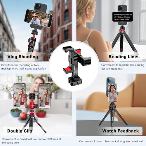 Manbily Phone Tripod Mount, Metal Smartphone Mount Adapter with Dual Phone Holder, 360° Swivel 180° Flip Adjustable Clip Clamp with Cold Shoe, for Selfie Stick Vlog Live Streaming