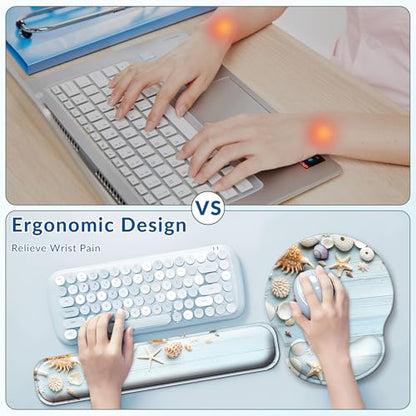 Desk Mat Set + Keyboard and Mouse Pad with Wrist Rest Support,4-in-1 Large Mousepad Computer Mats for Desktop Home & Office-Blue Shells - color: I-Blue Seashell