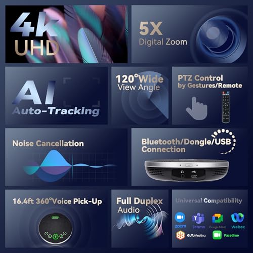TONGVEO 4K Conference Room Camera System with Gesture Control, AI Auto-Tracking PTZ Camera 5X Digital Zoom with Speakerphone Set 120° Wide-Angle USB3.0 for Remote Meetings Zoom Teams OBS and More - color: Obsidian
