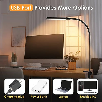 ShineTech LED Desk Lamp with Clamp, Eye-Caring Clip on Desk Light with 3 Color Modes & Stepless Dimming, 360° Flexible Gooseneck Desk Lamp for Home Office College Dorm with USB Adapter - color: 3CCT in One (3000K/4000K/6000K)