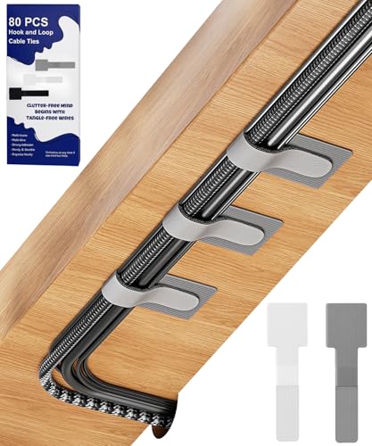 80PCS Hook and Loop Cable Ties, Under Desk Cable Management, Adhesive Cable Straps, Cord Management Hider Idea, Cord Organizer for Desk, Computer Accessories, Home Office Organization, White+Gray - color: 40Pcs White + 40Pcs Gray