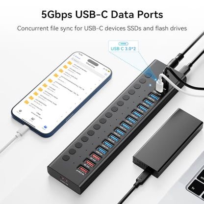 Powered USB Hub, AGEEN 16-Port USB 3.0 Hub (10 USB-A 3.0+2 QC 24W Fast Charging+2 Smart Charging+2 USB-C 3.0 Ports), 12V/8A 96W UL Certified Power Adapter for PC, Laptop, HDD, Flash Drive