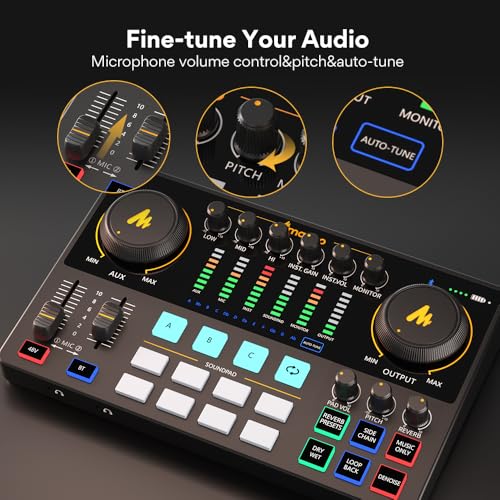 MAONO Audio Interface, MaonoCaster 10-Channel Podcast mixer with Pro-preamp, 48V Phantom Power, Bluetooth, 11 Customize sound pads for Recording, Streaming, Youtube, TikTok, PC, Guitar (AME2)
