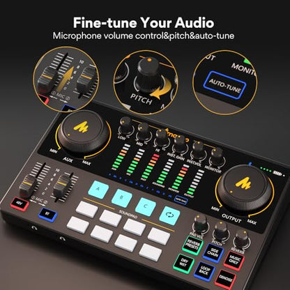 MAONO Audio Interface, MaonoCaster 10-Channel Podcast mixer with Pro-preamp, 48V Phantom Power, Bluetooth, 11 Customize sound pads for Recording, Streaming, Youtube, TikTok, PC, Guitar (AME2)