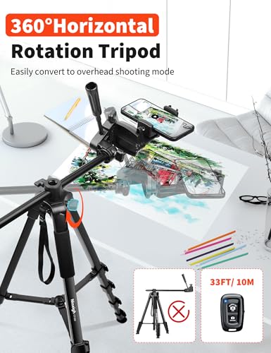 Nineigh 75" Phone Tripod Stand, Overhead Tripod for iPhone with Remote Phone Holder, Aluminum Travel Tripods for Video, Live Streaming & Vlogging, Compatible with iPhone Camera - size: 75 inch