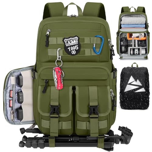 RAINSMORE Camera Bag Backpack for DSLR/SLR/Mirrorless Camera Bags for Photographers 15.6 Inch Waterproof Tactical Photography Backpack Case with Rain Cover & Tripod Holder, Army green - color: Army Green