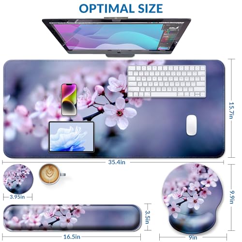 Desk Mat Set + Keyboard and Mouse Pad with Wrist Rest Support,4-in-1 Large Mousepad Computer Mats for Desktop Home & Office-Cherry Bloosom - color: L1-Cherry Blossom