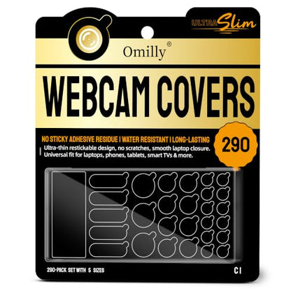 Webcam Covers 290 Pack 10 Sheets, Ultra Slim Black Matte Vinyl Reusable Camera Privacy Stickers, 5 Multi Sizes Residue-Free Webcam Blocker for Laptop, Phone, Tablet, Smart TV