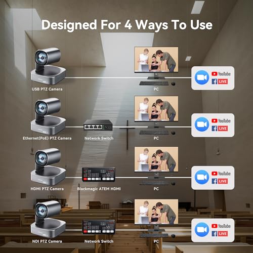 Tenveo 4K NDI PTZ Camera, AI Humanoid & Face Auto-Tracking, 12X Optical Zoom Wide Angle, USB3.0/HDMI/LAN PoE IP Live Streaming for Church Video Conference Broadcast YouTube OBS - color: Classic Silver