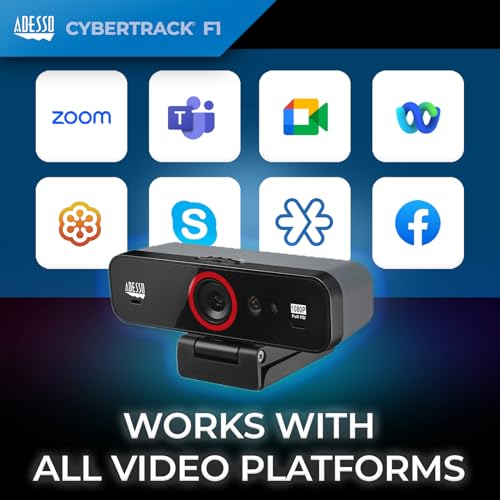 Adesso CyberTrack F1 1080P HD Fixed Focus USB Windows Hello Webcam, Camera for Desktop PC Built-in Dual Microphone, Privacy Shutter, Audio/Video Mode Privacy ON/Off Switch & Tripod Mount