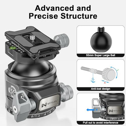 Tripod Ball Head with Knob Clamp 55mm Heavy Duty Ball Head with Mlok Rail Arca Swiss Quick Release Plate, WEYLLAN KH55 Low Profile Camera Tripod Head Mount for Hunting Photography Max Load 88lbs/40kg
