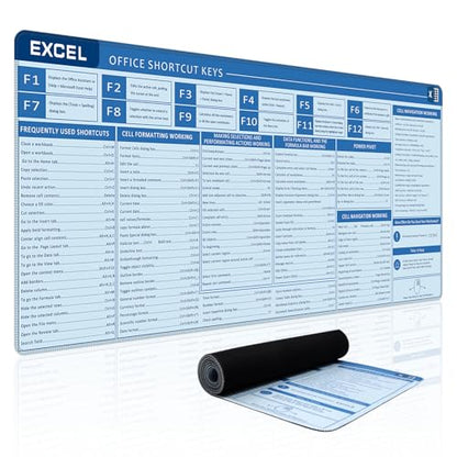 Baziabbo Office Desk Mat, Excel Cheat Sheet Keyboard Mat, Excel Shortcut Desk Pads,Non-Slip Excel Mousepad with Stitched Edges for Computer (Sheet Blue) - color: Sheet Blue