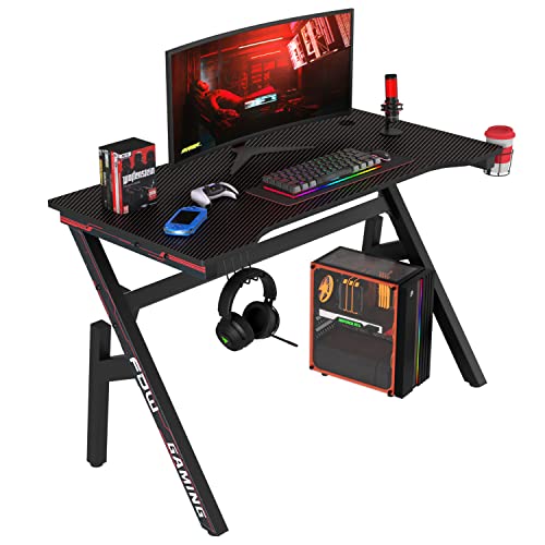 BestOffice | 47" Gaming Desk | Red | Carbon Fiber Textured Computer Desk | Sturdy Steel Frame, Cup Holder, Headphone Hook, Cable Management Holes, Adjustable Leg Pads | for Gamers, Home, Office - color: Red, size: 47 Inch R Shaped