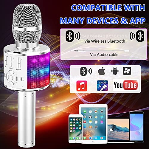 Amazmic Kids Karaoke Microphone Machine Toy Bluetooth Microphone Portable Wireless Karaoke Machine Handheld with LED Lights, Gift for Children Adults Birthday Party, Home KTV(Silver) - color: Silver