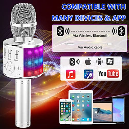 Amazmic Kids Karaoke Microphone Machine Toy Bluetooth Microphone Portable Wireless Karaoke Machine Handheld with LED Lights, Gift for Children Adults Birthday Party, Home KTV(Silver) - color: Silver