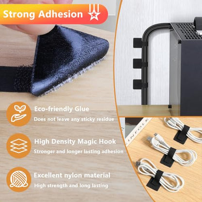 48Pcs Upgraded Under Desk Cable Management Ties - Self Adhesive Sticky Back Hook and Loop Straps, Cable Wire Organizers for Home Office - color: Black