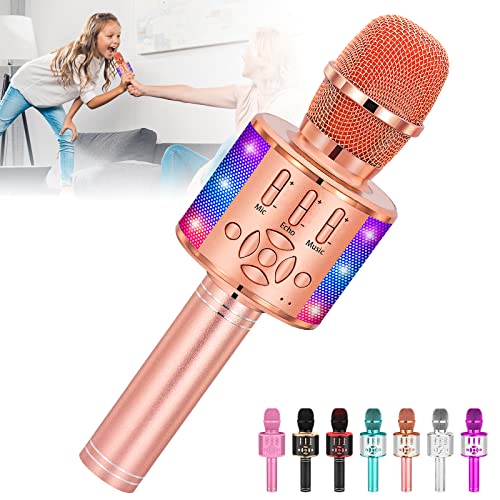 Amazmic Kids Karaoke Microphone Machine Toy Bluetooth Microphone Portable Wireless Karaoke Machine Handheld with LED Lights, Gift for Children Adults Birthday Party, Home KTV(Champagne) - color: Rose Gold Plus