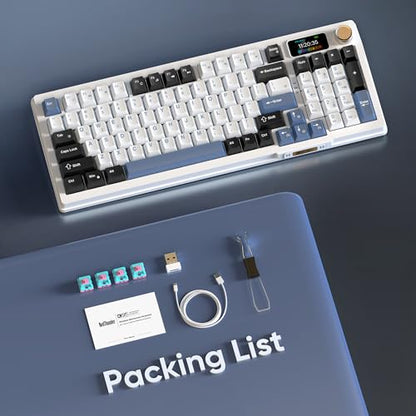 RedThunder K95 Wireless Mechanical Keyboard, TFT Screen & Knob, Tri-Mode BT5.0/2.4GHz/USB-C Hot Swappable Custom, Pre-lubed Linear Switches, Gasket Structure, RGB Gaming Keyboard, Snowy White-Blue - color: Snowy White-Blue