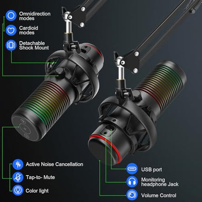 USB Gaming Microphone, 192kHz/24bit, Cardioid Condenser Microphone for Computer, Streaming Mic with RGB Light, Mute Button, Headphone Jack, Volume Control, Perfect for Xbox, Recording, Singing