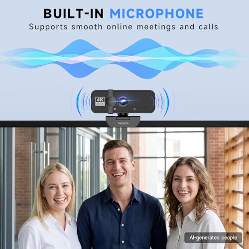 PHILIPS 4K Webcam for PC with Microphone, Computer Camera for Meetings with Privacy Cover, Plug & Play USB Web cam for Laptop, Desktop, Zoom, Teams, Skype, Video Conferencing, Streaming - Black