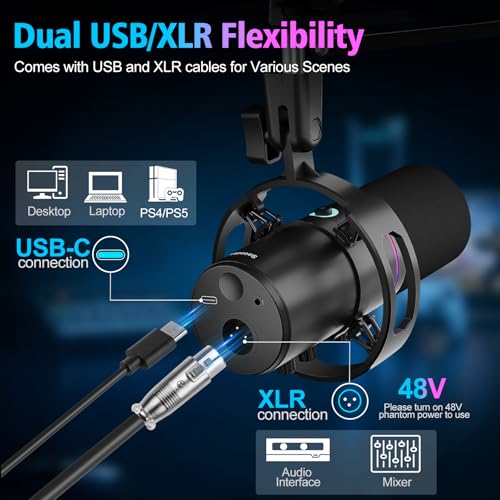XLR/USB Gaming Microphone with Boom Arm, Dynamic Microphone with One-Touch Mute, Gain Control & Headphone Jack, RGB Podcast Microphone for Streaming, Recording, Vocal