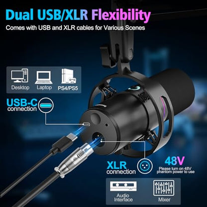 XLR/USB Gaming Microphone with Boom Arm, Dynamic Microphone with One-Touch Mute, Gain Control & Headphone Jack, RGB Podcast Microphone for Streaming, Recording, Vocal