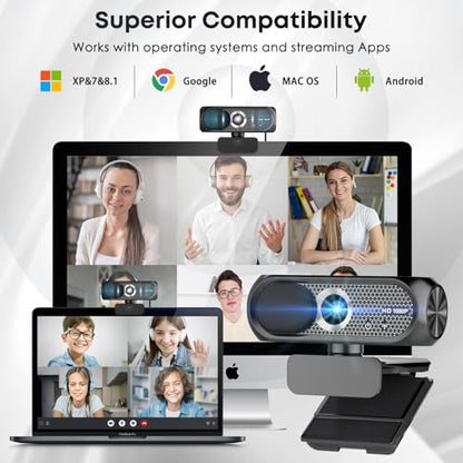 1080P HD Webcam with Microphone, Noise Cancellation, Wide-Angle Lens, Auto Light Correction, PC, Mac, Zoom, Skype, Streaming (Black)