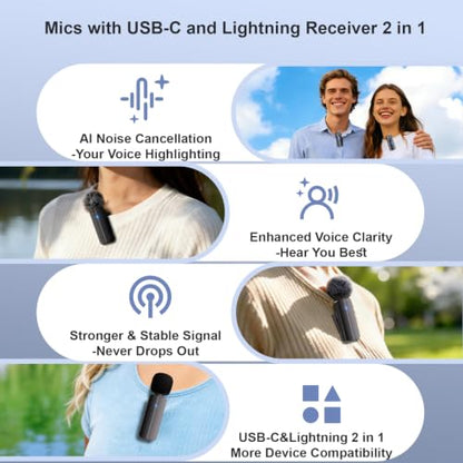 Bulatry 2-Pack Wireless Mini Lavalier Lapel Microphone for iPhone,Android Phone(2 in 1) - 65ft Cordless Clip on Dual Mics with Noise Reduction 6H Working Time for Video Recording Vlogging, YouTube