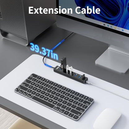 atolla Aluminum 7-Port USB 3.0 Hub with 1m Extension Cable - 5Gbps High-Speed Data Transfer for MacBook Pro, Laptop, PC, Gaming Setup - color: Black