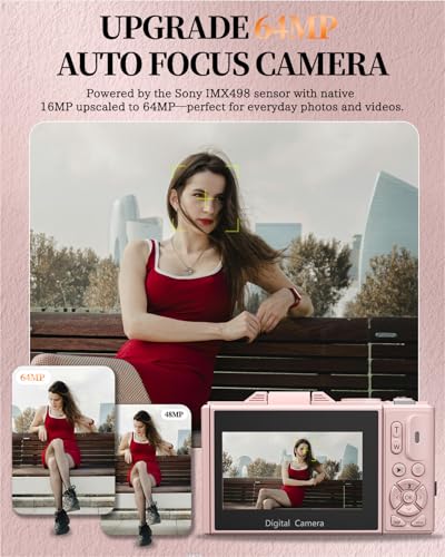 4K Digital Camera for Beginners & Teens, Compact Vlogging Camera with 180° Flip Screen, Autofocus, Easy-to-Use for Travel & YouTube, 18X Zoom, WiFi, 2 Batteries, 32GB Card - color: light pink