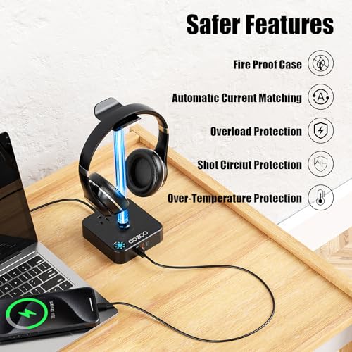 RGB Headphone Stand with USB Charger COZOO Desktop Gaming Headset Holder Hanger with 3 USB Charger and 2 Outlets - Great for Gaming, DJ, Wireless Earphone Display,Gamer PC Accessories Boyfriend Gifts - color: 2.Multi-LED lights
