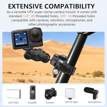 Chelhead Super Clamp Camera Mount with Phone Holder for Up to 3" Tubes | Dual 1/4"-20 & 3/8"-16 Threads, Compatible with DSLR Cameras, Action Cameras, LED Lights, Gimbals & Tripods - style: For Camera & Phone