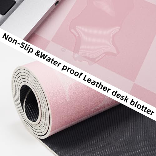 AFIING Pink Checkered Desk Mat, 31.5" x 12"，Waterproof PU Leather Desk pad | Non-Slip Rubber Base, Easy Clean Surface, Desk Protection, Office & Home - color: Pink