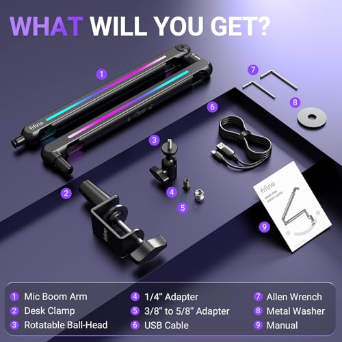 FIFINE Microphone Boom Arm with Controllable RGB, Adjustable Low Profile Mic Stand with Desk Mount Clamp,Cable Management, Screw Adapter for Gaming, Podcast, Streaming, Studio-BM88Pro - color: black