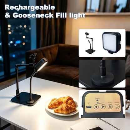 Overhead Phone Stand with Rechargeable Light, Adjustable Desk Smartphone Mount for Nail Art, Magnetic Holder for Cooking Videos, Content Creation, Filming, Live Streaming