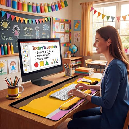 Kingdder Pencil Teacher Desk Mat Mouse Pad Set Include Large Desk Mat Pad with Wrist Rest Mouse Support, Keyboard Wrist Rest Coaster Back to School Classroom Teacher Appreciation Gift - style: Pencil