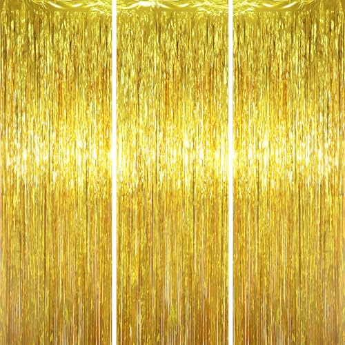 Voircoloria 3.3 x 6.6 ft Foil Fringe Backdrop Curtains, Tinsel Streamers Party Decorations, Fringe Backdrop for Birthday, Baby Shower, Gender Reveal, Graduation (3, Gold) - color: Gold