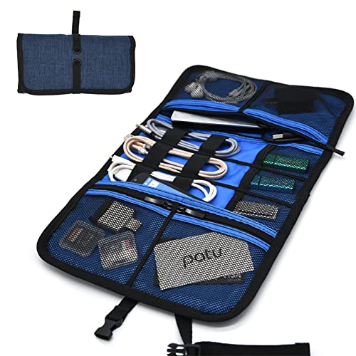 Patu Roll Up Electronics Accessories Travel Gear Organizer Case, Portable Universal External Batteries Hard Drives Cables Cosmetics Kit Bag, Navy - color: Navy
