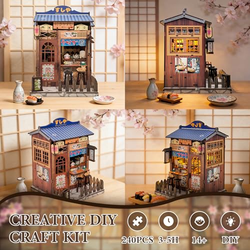 DIY Miniature House Kit, Book Nook Kit Mini Japanese House Bookshelf Decor, Tiny Dollhouse Building Kit for Adults & Teens, Gifts for Family, Friends - style: Sushi Shop