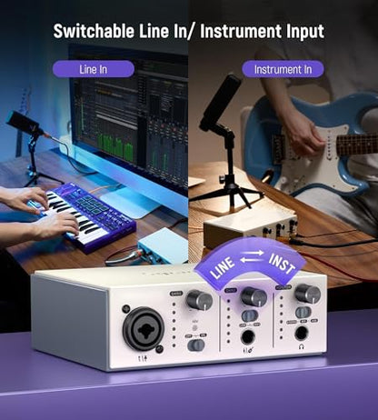 Synido USB C Audio Interface for Recording Music, Streaming, Podcasting with XLR, Line Input, 24bit/48kHz, 48V Phantom Power, 2-channel, Silver